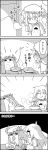  4koma arms_up bowl closed_eyes comic commentary_request crescent curry doorway eating food greyscale hat hat_ribbon highres kirisame_marisa licking_lips mob_cap monochrome patchouli_knowledge pinching ribbon rice shaded_face shirt short_sleeves sitting smile spoon steam t-shirt table tani_takeshi tongue tongue_out touhou towel towel_on_head translation_request wide_sleeves yukkuri_shiteitte_ne 