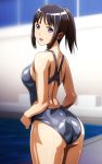 1girl :d ass back back_cutout black_hair black_swimsuit blurry breasts competition_swimsuit cowboy_shot crotch_seam depth_of_field from_behind highres looking_at_viewer looking_back medium_breasts monteriakitto one-piece_swimsuit open_mouth original ponytail pool poolside shiny shiny_clothes shiny_skin sidelocks smile solo swimsuit violet_eyes water 