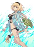  1girl bag bangs bikini black_bikini blonde_hair blue_eyes blue_jacket braid breasts cleavage closed_mouth collarbone fate/grand_order fate_(series) hairband highres jacket jeanne_d&#039;arc_(fate)_(all) jeanne_d&#039;arc_(swimsuit_archer) kusano_shinta large_breasts long_hair looking_at_viewer open_clothes open_jacket shoulder_bag simple_background smile solo swimsuit thighs very_long_hair waist water white_background 