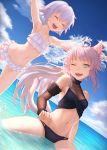  2girls ahoge animal_ears armpits arms_up atalanta_(alter)_(fate) atalanta_(fate) bangs bare_shoulders bikini cat_ears cat_girl cat_tail closed_eyes clouds commentary_request detached_sleeves dutch_angle fate/grand_order fate_(series) frilled_bikini frills fur_trim green_eyes hair_between_eyes highres jack_the_ripper_(fate/apocrypha) ju_go_(toamariitutu) long_hair multicolored_hair multiple_girls multiple_tails navel ocean one_eye_closed open_mouth outdoors scar short_hair silver_hair sitting sky splashing standing submerged swimsuit tail teeth 