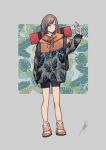  1girl absurdres backpack bag bangs bike_shorts brown_eyes brown_hair expressionless gem highres holding jacket leaf_print long_sleeves looking_to_the_side nanakawa_(nanasoon) original oversized_clothes print_jacket shoes signature simple_background sneakers solo 