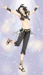  1boy alternate_costume anklet arabian_clothes armlet bracelet circlet cyrus_(octopath_traveler) dancer dancing highres jewelry long_hair looking_at_viewer male_focus midriff navel necklace octopath_traveler open_mouth shikimiorange short_hair simple_background smile solo 
