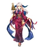  1girl animal animal_print bangs bird bug butterfly butterfly_print fire_emblem fire_emblem:_akatsuki_no_megami fire_emblem_heroes full_body highres insect japanese_clothes kimono micaiah obi official_art sandals sash silver_hair transparent_background wide_sleeves yellow_eyes yune 