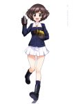  1girl :d absurdres akiyama_yukari black_footwear blue_jacket blue_legwear boots brown_eyes brown_gloves brown_hair collarbone copyright_name eyebrows_visible_through_hair full_body girls_und_panzer gloves highres holding jacket leg_up looking_at_viewer miniskirt official_art ooarai_military_uniform open_mouth page_number pleated_skirt shiny shiny_hair short_hair simple_background skirt smile solo white_background white_skirt yoshida_nobuyoshi 