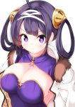  1girl ahoge azur_lane bangs blush breasts china_dress chinese_clothes cleavage cleavage_cutout closed_mouth commentary_request dress eyebrows_visible_through_hair fur-trimmed_jacket fur_trim hair_intakes hair_rings hairband hairpods hidaka0503 jacket large_breasts long_hair looking_at_viewer ning_hai_(azur_lane) open_clothes open_jacket purple_dress purple_hair sidelocks simple_background smile solo v-shaped_eyebrows violet_eyes white_background white_hairband white_jacket 