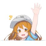  1girl :d arm_up bangs blue_shirt blush brown_eyes character_name clothes_writing commentary_request fhang flat_cap grey_hat hat hataraku_saibou head_tilt light_brown_hair notice_lines open_mouth outstretched_arm platelet_(hataraku_saibou) round_teeth shirt short_sleeves smile solo teeth upper_teeth white_background 