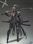  1girl armor breasts claw_(weapon) dark_elf elf fingerless_gloves gloves grey_hair highres holding holding_sword holding_weapon large_breasts mask masquerade_mask metal_boots ootachi original pointy_ears ponytail shoulder_armor smjim1986 sword thighhighs_under_boots warrior weapon yellow_eyes 