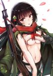  1girl bangs black_hair blush breast_hold breasts closed_mouth collarbone commentary_request covering covering_breasts eyebrows_visible_through_hair girls_frontline hair_ornament highres holding long_hair looking_at_viewer mappaninatta medium_breasts navel panties parted_lips red_eyes red_scarf scarf school_uniform serafuku shirt sidelocks solo torn torn_clothes torn_scarf torn_shirt type_100_(girls_frontline) underwear white_panties 