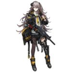  1girl acog alternate_hairstyle armband artist_request asymmetrical_gloves asymmetrical_legwear backpack bag boots digi-mind_update_(girls_frontline) girls_frontline gloves gun h&amp;k_ump heckler_&amp;_koch long_hair mechanical_arm necktie official_art scar scar_across_eye spoilers submachine_gun suppressor ump45_(girls_frontline) weapon 