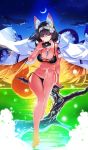  1girl animal_ears bikini black_bikini black_hair bracelet breasts brown_hair cellphone cleavage cloak commentary_request craft_essence crescent_moon fate/grand_order fate_(series) fox_ears fox_tail glasses gradient_hair hood hood_down hooded_cloak in_tree jewelry lady_foxy large_breasts long_hair looking_at_viewer magatama magatama_necklace moon multicolored_hair necklace night night_sky ocean official_art osakabe-hime_(fate/grand_order) phone shaka_p side-tie_bikini sitting sitting_in_tree sky smartphone smile solo swimsuit tail tree twintails very_long_hair violet_eyes 