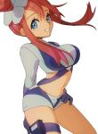  1girl ankea_(a-ramo-do) arm_behind_back blue_eyes blue_gloves blue_shorts breasts cowboy_shot elbow_gloves fuuro_(pokemon) gloves grin gym_leader hair_bun highres large_breasts navel pokemon pokemon_(game) pokemon_bw redhead short_hair short_hair_with_long_locks shorts simple_background smile solo teeth thigh_strap white_background 