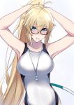  1girl absurdres arms_up bangs black-framed_eyewear blonde_hair blue_eyes blush breasts closed_mouth collarbone fate/grand_order fate_(series) hair_between_eyes highres hoop hula_hoop jeanne_d&#039;arc_(fate)_(all) jeanne_d&#039;arc_(swimsuit_archer) large_breasts long_hair looking_at_viewer nanakaku one-piece_swimsuit open_clothes ponytail simple_background smile solo swimsuit tying_hair very_long_hair whistle white_background white_swimsuit 