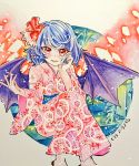  1girl bat_wings blue_hair blush chaka3464 comiket_94 feet_out_of_frame flower geta hair_flower hair_ornament hand_in_hair hand_on_own_cheek japanese_clothes kimono open_mouth plant pointy_ears red_eyes remilia_scarlet ribbon shikishi sitting smile touhou traditional_media wings 