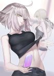  2girls :p ahoge artoria_pendragon_(all) blonde_hair blurry blurry_background breasts depth_of_field eyebrows_visible_through_hair fate/grand_order fate_(series) food hair_ribbon jeanne_d&#039;arc_(alter)_(fate) jeanne_d&#039;arc_(fate)_(all) long_hair looking_at_viewer low_ponytail medium_breasts medium_hair midriff mins_(minevi) multiple_girls nail_polish popsicle profile ribbon saber_alter shirt_lift short_shorts shorts sideboob silver_hair small_breasts sweat tank_top tongue tongue_out yellow_eyes 
