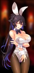  108_gou 1girl animal_ears azur_lane black_hair black_neckwear blurry bow bowtie breasts brown_eyes brown_legwear bunny_tail bunnysuit cleavage depth_of_field detached_collar hair_flaps large_breasts leotard long_hair pantyhose ponytail rabbit_ears solo strapless strapless_leotard tail takao_(azur_lane) thigh_gap white_bow white_leotard wrist_cuffs 