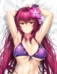  1girl absurdres armpits arms_up bikini bracelet breasts eyebrows_visible_through_hair fate/grand_order fate_(series) flower hair_flower hair_ornament highleg highleg_bikini highres jewelry large_breasts long_hair looking_at_viewer lying nail_polish navel okitakung on_back parted_lips purple_bikini purple_hair red_eyes scathach_(fate)_(all) scathach_(fate/grand_order) scathach_(swimsuit_assassin)_(fate) side-tie_bikini sidelocks smile solo swimsuit wrist_cuffs 