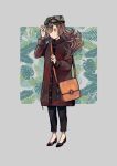  1girl absurdres bag bangs brown_eyes brown_hair expressionless goggles hair_over_one_eye hat highres holding holding_bag holding_hat jacket leaf_print long_hair looking_to_the_side messy_hair nanakawa_(nanasoon) original pants pants_rolled_up shoes simple_background solo watch 