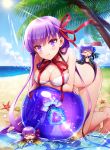  3girls :d :q ^_^ arm_support armored_boots ball bangs bare_arms bare_shoulders barefoot bb_(fate/extra_ccc) beach beachball bikini black_bikini_bottom blue_ribbon blush blush_stickers boots breasts chibi claw_(weapon) cleavage closed_eyes closed_eyes closed_mouth clouds commentary_request cube eyebrows_visible_through_hair facing_viewer fate/extra fate/extra_ccc fate/grand_order fate_(series) hair_ribbon head_tilt highres knee_boots kneeling large_breasts light_rays long_hair medium_breasts meltlilith minigirl mismatched_bikini multiple_girls neck_ribbon ocean open_mouth passion_lip purple_hair red_ribbon ribbon sand seashell shell shiny shiny_hair sitting sleeves_past_fingers sleeves_past_wrists smile sparkle sun sunbeam sunlight swimsuit tongue tongue_out very_long_hair violet_eyes water weapon white_bikini_top wingtemple 