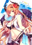  1girl :p blue_sky breasts cleavage clouds commentary_request curled_horns dark_angel_olivia day flower food granblue_fantasy hair_flower hair_ornament highres homaderi horns looking_at_viewer medium_breasts navel orange_hair popsicle red_eyes sky solo sparkle swimsuit tongue tongue_out wings 