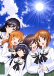  5girls :d ;d absurdres ahoge akiyama_yukari bangs black_hair black_neckwear blue_sky blunt_bangs brown_eyes brown_hair collarbone day eyebrows_visible_through_hair from_below girls_und_panzer hairband hand_holding hand_on_another&#039;s_shoulder highres interlocked_fingers isuzu_hana looking_at_viewer miniskirt multiple_girls nishizumi_miho official_art one_eye_closed ooarai_school_uniform open_mouth orange_hair outdoors pleated_skirt reizei_mako school_uniform serafuku shiny shiny_hair shirt short_hair skirt sky smile standing sun sunlight takebe_saori white_hairband white_shirt yoshida_nobuyoshi 