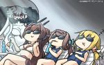  4girls :3 anger_vein asagumo_(kantai_collection) blonde_hair blue_swimsuit breasts brown_hair commentary dated drinking drinking_straw drooling eyebrows_visible_through_hair flower hair_between_eyes hair_flower hair_ornament hamu_koutarou highres kantai_collection kunihiko_moriguchi large_breasts long_hair low_twintails midway_hime mitsukoshi_(department_store) multiple_girls one-piece_swimsuit orange_eyes pink_flower ponytail ramune satsuki_(kantai_collection) school_swimsuit shinkaisei-kan sleeping smile sunglasses swimsuit twintails white_hair yamato_(kantai_collection) zzz 