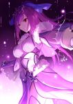  1girl absurdres bangs breasts closed_mouth dress fate/grand_order fate_(series) fur_trim gogatsu_fukuin gradient gradient_background hair_between_eyes hair_ribbon highres large_breasts long_hair looking_at_viewer ponytail purple_dress purple_hair red_eyes ribbon scathach_(fate)_(all) scathach_skadi_(fate/grand_order) smile solo tiara 