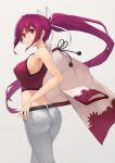 1girl absurdres ass bare_shoulders breasts butt_crack curvy grey_background grin hair_ribbon happy highres hips legs long_hair looking_back midriff pantylines ponytail purple_hair red_eyes ribbon robe sideboob simple_background smile solo tank_top thighs tied_hair toima_(beat0829) under_night_in-birth very_long_hair yuzuriha_(under_night_in-birth) 