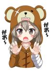  1girl animal_costume bandage bangs bear_costume black_ribbon boko_(girls_und_panzer) brown_eyes claw_pose commentary_request fang flipper girls_und_panzer hair_ribbon light_brown_hair long_hair looking_at_viewer open_mouth pajamas ribbon scar scar_across_eye shimada_arisu simple_background solo standing stuffed_animal stuffed_toy teddy_bear upper_body white_background 