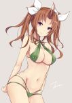  1girl absurdres ahoge arms_at_sides bangs bare_arms bare_shoulders bikini blush breasts brown_hair cleavage cowboy_shot eyebrows_visible_through_hair green_bikini green_ribbon grey_background groin hair_ribbon halter_top halterneck highres kagerou_(kantai_collection) kantai_collection large_breasts long_hair looking_at_viewer lowleg lowleg_bikini multi-strapped_bikini navel parted_bangs remodel_(kantai_collection) ribbon signature simple_background solo standing stomach swimsuit tsurime violet_eyes white_ribbon zhi_zhi/zu_zu 