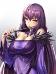  1girl bangs bare_shoulders breasts cleavage detached_collar eyebrows_visible_through_hair fate/grand_order fate_(series) fur_trim gradient gradient_background hair_between_eyes highres holding holding_wand large_breasts long_hair long_sleeves open_mouth purple_hair red_eyes scathach_(fate)_(all) scathach_skadi_(fate/grand_order) solo straight_hair takanashi-a tiara very_long_hair wand wide_sleeves 