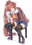  1girl artist_name bangs black_legwear blue_skirt blush bow brown_hair chair doki_doki_literature_club green_eyes hair_bow hair_ribbon highres long_hair looking_at_viewer monika_(doki_doki_literature_club) mouth_hold pen ponytail ribbon school_uniform sidelocks sitting skirt smile solo thigh-highs very_long_hair white_bow white_ribbon xhunzei 