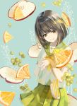  1girl apple apple_slice bangs blue_background bob_cut bow brown_eyes brown_hair closed_mouth commentary_request fingernails fingers_together food fruit grapes green_sailor_collar green_skirt hands_up head_tilt highres looking_at_viewer naruse_chisato orange orange_slice original pleated_skirt puffy_short_sleeves puffy_sleeves red_apple sailor_collar school_uniform serafuku shirt short_hair short_sleeves skirt smile solo white_shirt yellow_bow 