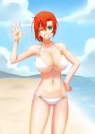  1girl :d absurdres beach bikini boudica_(fate/grand_order) breasts cleavage der_zweite fate/grand_order fate_(series) front-tie_bikini front-tie_top green_eyes hair_between_eyes highres huge_breasts looking_at_viewer o-ring o-ring_bikini ocean one_eye_closed open_mouth redhead short_hair smile solo swimsuit waving white_bikini 