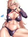  1girl absurdres bangs bikini black_bikini black_jacket blonde_hair blush breasts choker cleavage closed_mouth collarbone cropped_jacket fate/grand_order fate_(series) hair_between_eyes hand_in_hair highres hips jacket jeanne_d&#039;arc_(alter_swimsuit_berserker) jeanne_d&#039;arc_(fate)_(all) kisaragi_(legobionicle23) large_breasts long_hair looking_at_viewer navel o-ring simple_background smile solo sweatdrop swimsuit tan thighs very_long_hair waist white_background yellow_eyes 