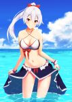  1girl alternate_costume bare_shoulders bikini bow breasts clouds cloudy_sky collarbone commentary_request contemporary criss-cross_halter day fate/grand_order fate_(series) hair_between_eyes halterneck headband highres kuroshiro_(ms-2420) long_hair looking_at_viewer medium_breasts midriff ponytail red_bow red_eyes sarong sarong_lift silver_hair sky smile standing swimsuit tomoe_gozen_(fate/grand_order) very_long_hair wading water wet wet_clothes white_bikini 