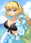  1girl bangs bikini black_bikini black_hairband black_scrunchie blonde_hair blue_eyes blue_hoodie blue_sky breasts cleavage clouds cloudy_sky collarbone commentary_request cowboy_shot day fate/grand_order fate_(series) front-tie_top hair_between_eyes hair_ornament hair_scrunchie hairband highres hood hood_down hoodie innertube jeanne_d&#039;arc_(fate)_(all) jeanne_d&#039;arc_(swimsuit_archer) large_breasts long_hair long_sleeves looking_at_viewer nasaniliu navel ocean open_clothes open_hoodie open_mouth outdoors scrunchie sky solo standing swimsuit 