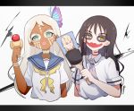  2girls asobi_asobase bangs blue_sailor_collar brown_eyes brown_hair butterfly_hair_ornament captain_yue closed_mouth collared_shirt eyebrows_visible_through_hair green_eyes hagoita hair_between_eyes hair_down hair_ornament honda_hanako kendama long_hair looking_at_viewer lord_of_pastimers makeup multiple_girls necktie paddle parted_lips sailor_collar school_uniform shirt short_sleeves side_locks simple_background twitter_username upper_body very_long_hair watermark wavy_hair white_background white_hair white_shirt 