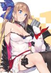  1girl bandanna black_bra black_legwear blue_eyes bra breasts brown_hair choker cleavage commentary dress eyebrows_visible_through_hair fal_(girls_frontline) ferret girls_frontline gun large_breasts lips noy parted_lips pink_lips short_dress side_ponytail single_sidelock single_thighhigh sitting smile solo strap_slip thigh-highs thigh_pouch thigh_strap underwear weapon white_dress 