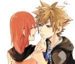  1boy 1girl blue_eyes brown_hair commentary_request dress fingerless_gloves gloves jacket kairi_(kingdom_hearts) kingdom_hearts kingdom_hearts_ii medium_hair ramochi_(auti) redhead short_hair sora_(kingdom_hearts) 