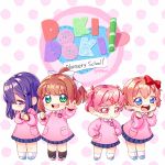  4girls :&gt; :d blue_eyes brown_hair chibi child commentary_request doki_doki_literature_club eyebrows_visible_through_hair gokurou green_eyes hair_ornament hair_ribbon hairclip hands_on_hips kindergarten_uniform logo_parody looking_at_viewer monika_(doki_doki_literature_club) multiple_girls nan natsuki_(doki_doki_literature_club) open_mouth pen pink_eyes pink_hair polka_dot polka_dot_background purple_hair red_ribbon ribbon sayori_(doki_doki_literature_club) short_hair shy smile twitter_username two_side_up violet_eyes waving white_ribbon younger yuri_(doki_doki_literature_club) 