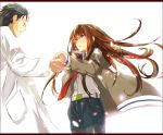  1boy 1girl belt black_hair brown_hair collared_shirt cowboy_shot denim denim_shorts facial_hair jacket labcoat letterboxed long_hair looking_at_another makise_kurisu off_shoulder okabe_rintarou open_mouth outstretched_hand pantyhose pantyhose_under_shorts petals red_eyes shirt short_hair shorts simple_background steins;gate stubble sunege white_background wind 