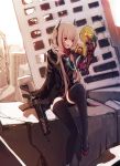  1girl :d arm_up artist_name assault_rifle bangs black_gloves black_jacket black_legwear black_shorts building commentary day digi-mind_update_(girls_frontline) dyolf elbow_gloves english_commentary eyebrows_visible_through_hair girls_frontline gloves gun hair_between_eyes headgear holding holding_gun holding_weapon jacket light_brown_hair long_hair long_sleeves looking_away looking_to_the_side m4_carbine m4_sopmod_ii_(girls_frontline) megaphone open_mouth outdoors red_eyes rifle ro635_(girls_frontline) ruins short_shorts shorts sitting sleeves_past_wrists smile solo thigh-highs very_long_hair weapon 