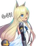  1girl animal_ears blonde_hair cat_ears dress eyebrows_visible_through_hair flower g41_(girls_frontline) girls_frontline h_kasei hair_between_eyes hair_ornament heterochromia long_hair looking_at_viewer low-tied_long_hair mechanical_arms open_mouth profile solo white_background white_dress 