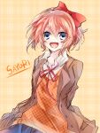  1girl :d arms_behind_back blue_eyes bow character_name doki_doki_literature_club eyebrows_visible_through_hair hair_between_eyes hair_bow jacket looking_at_viewer negi_(ngng_9) open_clothes open_jacket open_mouth orange_vest pink_hair plaid plaid_background red_bow sayori_(doki_doki_literature_club) school_uniform shirt short_hair smile solo white_shirt 