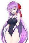  1girl absurdres bb_(fate/extra_ccc) black_swimsuit competition_swimsuit cowboy_shot fate/extra fate/extra_ccc fate/grand_order fate_(series) hai_rhair_ribbon highleg highleg_swimsuit highres ichi-jirushi long_hair looking_at_viewer one-piece_swimsuit purple_hair red_ribbon ribbon simple_background smile solo standing swimsuit violet_eyes white_background 
