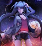  1girl artist_name black_shorts blue_hair bracelet breasts cleavage collar collarbone cowboy_shot earrings floating_hair grey_jacket hatsune_miku headphones highres jacket jewelry long_hair looking_at_viewer medium_breasts open_clothes open_jacket purple_shirt shirt short_shorts shorts smile solo standing twintails very_long_hair violet_eyes vocaloid wulben 