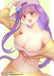  1girl :d arm_up bandeau bare_shoulders bb_(fate/extra_ccc) braid breasts collarbone empty_eyes eyebrows_visible_through_hair fate/grand_order fate_(series) flat_cap hat large_breasts long_hair navel open_mouth patreon_logo patreon_username purple_hair red_eyes sideways_hat simple_background smile solo star stomach upper_body very_long_hair waero white_hat 