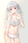  1girl :p bangs bare_arms bare_shoulders bikini blush breasts cleavage closed_mouth collarbone commentary_request contrapposto cowboy_shot eyebrows_visible_through_hair grey_bikini head_tilt highres long_hair navel original red_eyes sashima side-tie_bikini sidelocks silver_hair small_breasts smile solo swimsuit tongue tongue_out twintails very_long_hair 