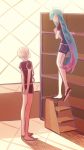  2others ahoge alexandrite_(houseki_no_kuni) androgynous blue_eyes blue_hair gem_uniform_(houseki_no_kuni) ghost_quartz_(houseki_no_kuni) highres houseki_no_kuni indoors ladder long_hair mono_(bluesky) multiple_others paper shelf short_hair smile white_hair window 