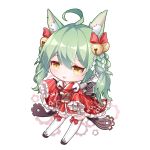  1girl :3 :d ahoge akashi_(azur_lane) animal_ears azur_lane bangs bell blush bow braid brown_eyes cat_ears chibi commentary_request eminya_27 eyebrows_visible_through_hair frilled_sleeves frills gears green_hair hair_bell hair_between_eyes hair_bow hair_ornament hands_up highres japanese_clothes jingle_bell kimono long_hair long_sleeves looking_at_viewer obi open_mouth red_bow red_kimono ribbon-trimmed_legwear ribbon_trim sash screwdriver shide short_kimono signature sleeves_past_fingers sleeves_past_wrists smile solo star star_in_eye striped symbol_in_eye thigh-highs vertical-striped_kimono vertical_stripes very_long_hair white_background white_legwear wide_sleeves wrench 